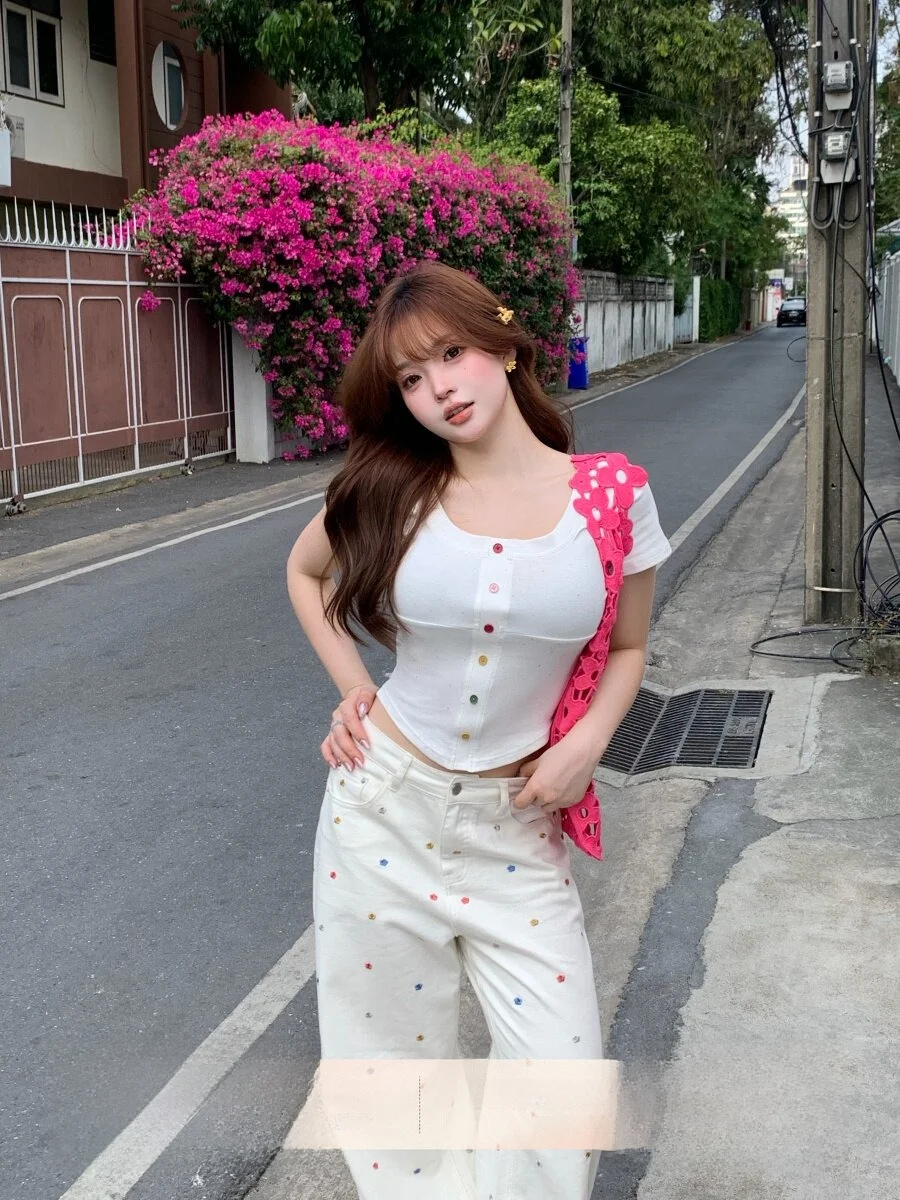 

Slimming Cotton Blend T-irt Rainbow Button Design Casual Sle ort Sve round Ne Top for Women Summer Faion