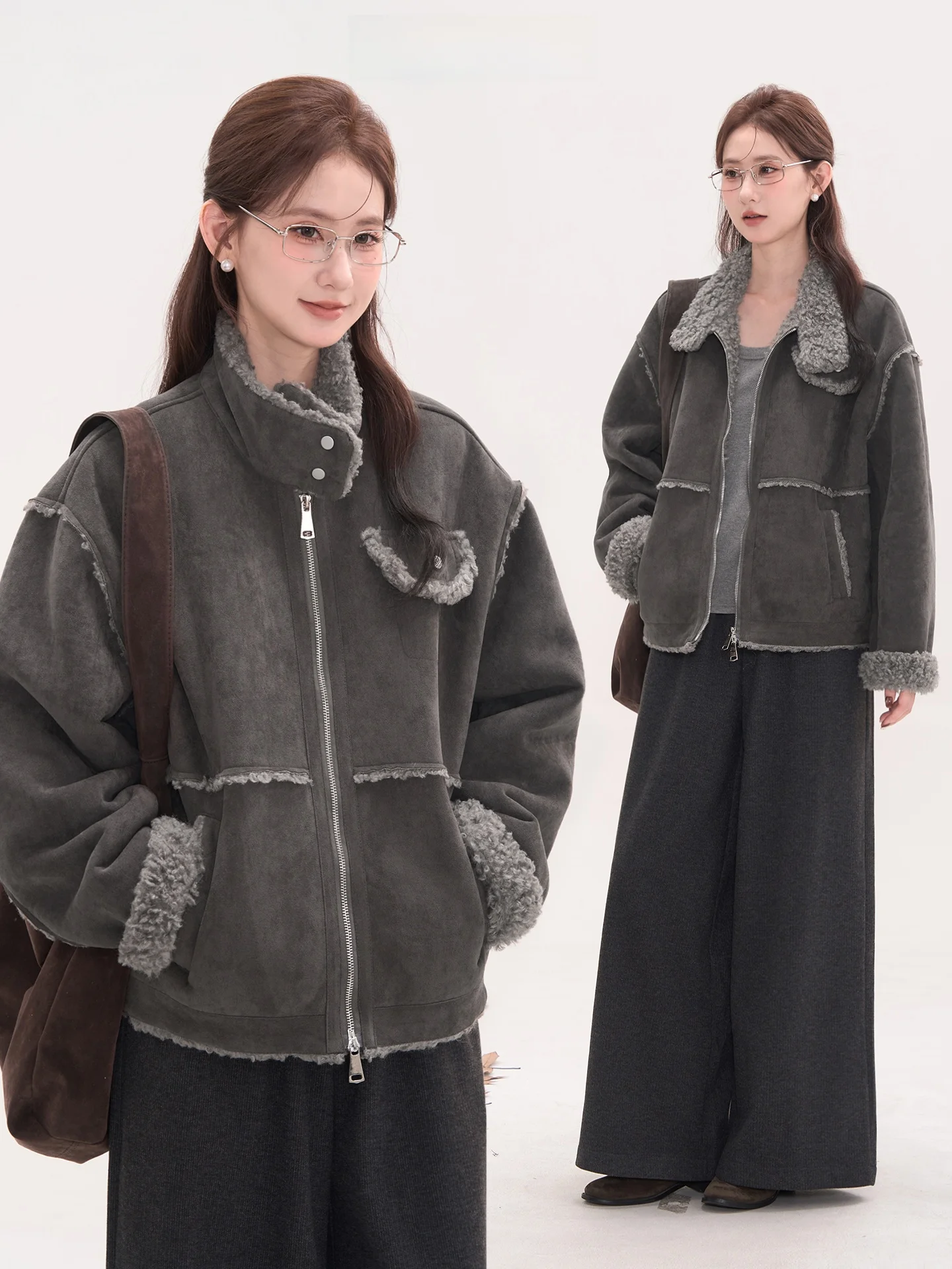 

Heme Suede Fce Lined Biker Jaet Лоскутный женский зимний топ Street Sle Свободный крой из полиэстера с длинной застежкой-молнией