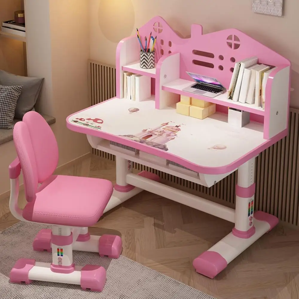 Pink Adjustable Height Kids Study Desk and Chair Set with Multi-Sectional Design view 2