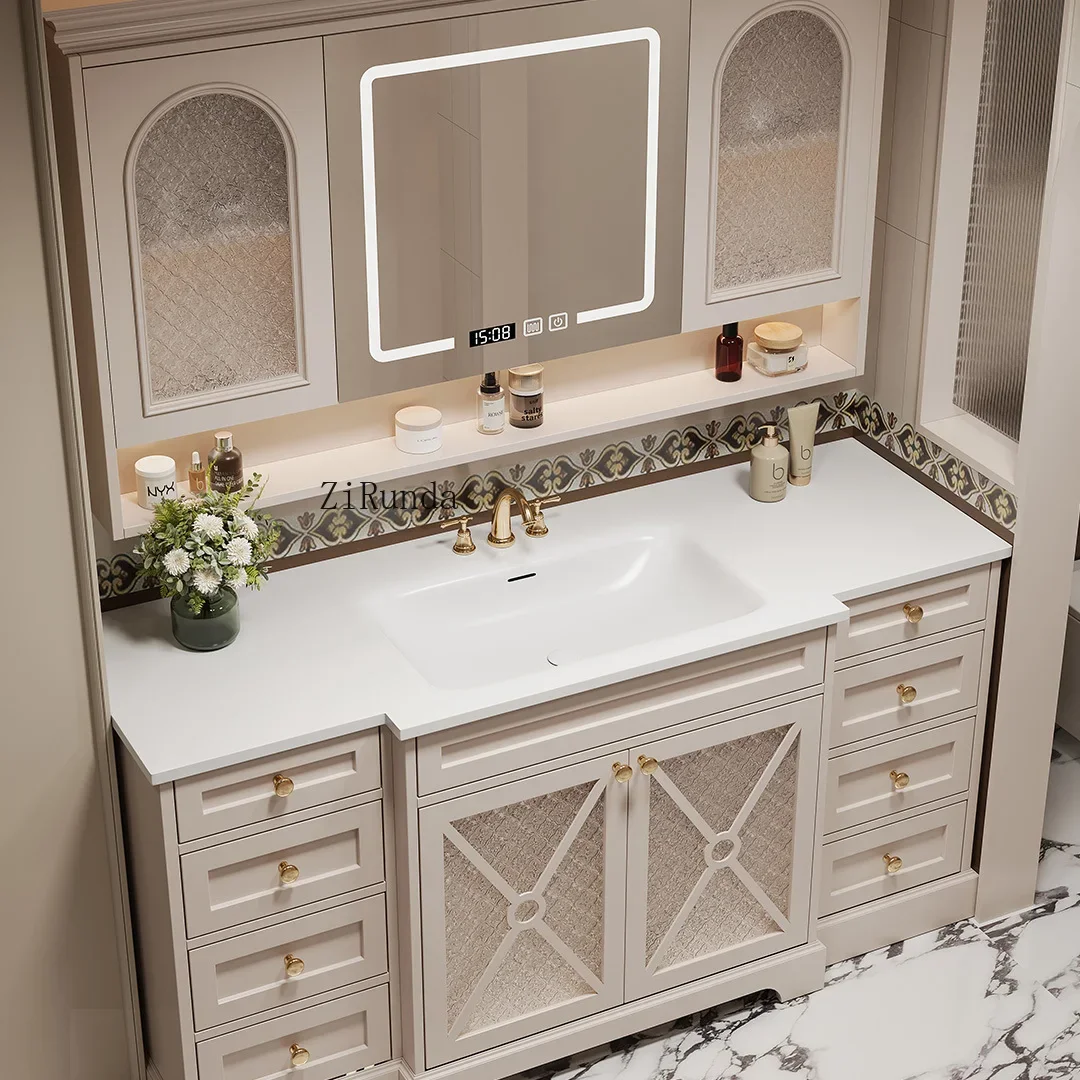 

Резиновое дерево, французский Corian, встроенная раковина, шкаф для ванной комнаты, комбинированный кремовый ветровой камень, бесшовный умывальник