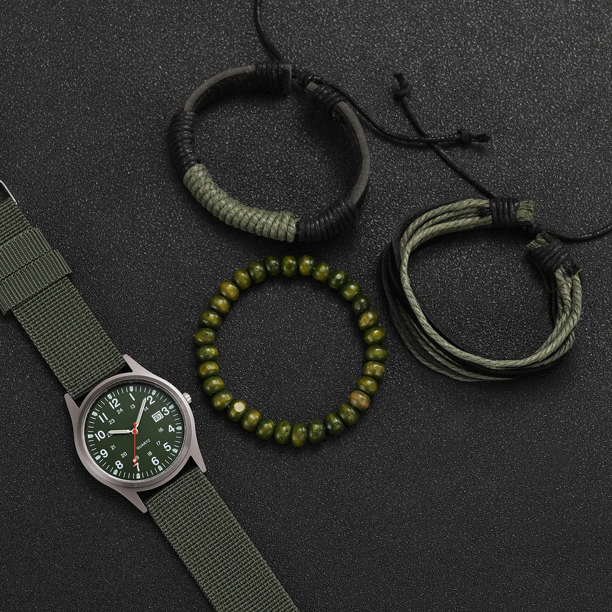 4PCs/Set Men\'s Vintage Watch Nylon Strap Fashion Calendar Quartz Dial Green Leather Bracelet Set