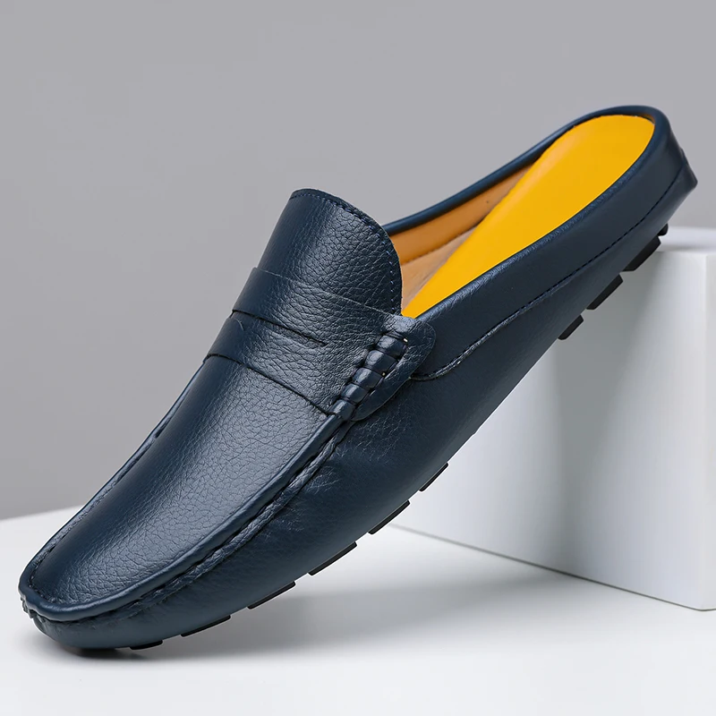 Mules Men Closed Toe Half Slippers Slip On Flats Sneakers Leather Slide Sandals Backless Loaferd Casual Shoes Plus Size 38-46