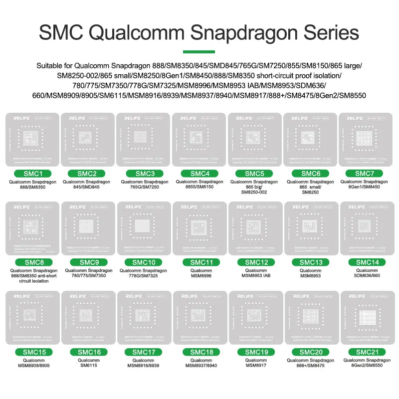 

58Pcs/set BGA Reballing Stencil kit for Android CPU EMMC Qualcomm Snapdragon Exynos Hisilicon Kirin RAM Dimensity series