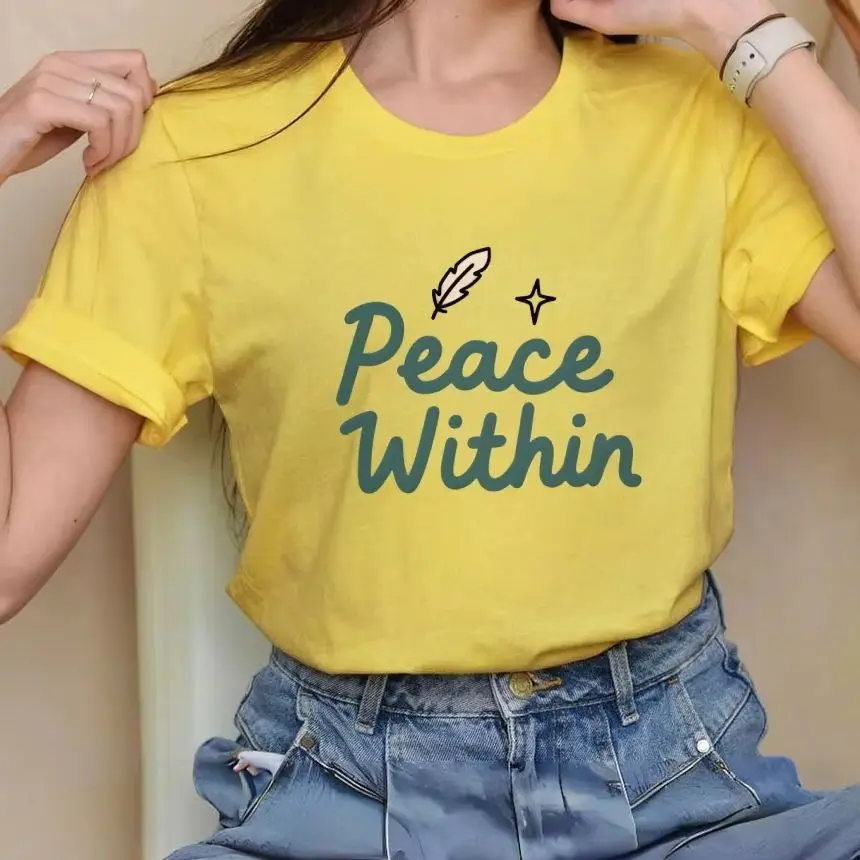 

Уличная одежда Peace Within, женская одежда с разноцветными буквами Y2K, хлопковая повседневная футболка с круглым вырезом, футболки с рисунком, минималистичный перо