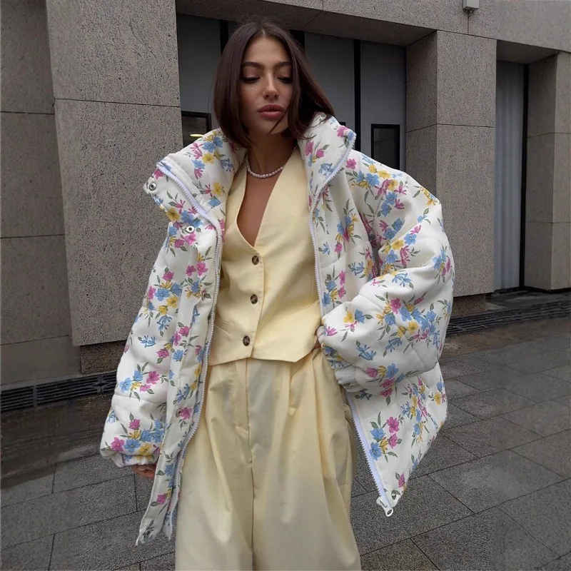 Printed Cotton-padded Clothes for Women's New Stand-up Collars Thickened Foreign Style Loose Age-reducing Warm Cotton Clothes