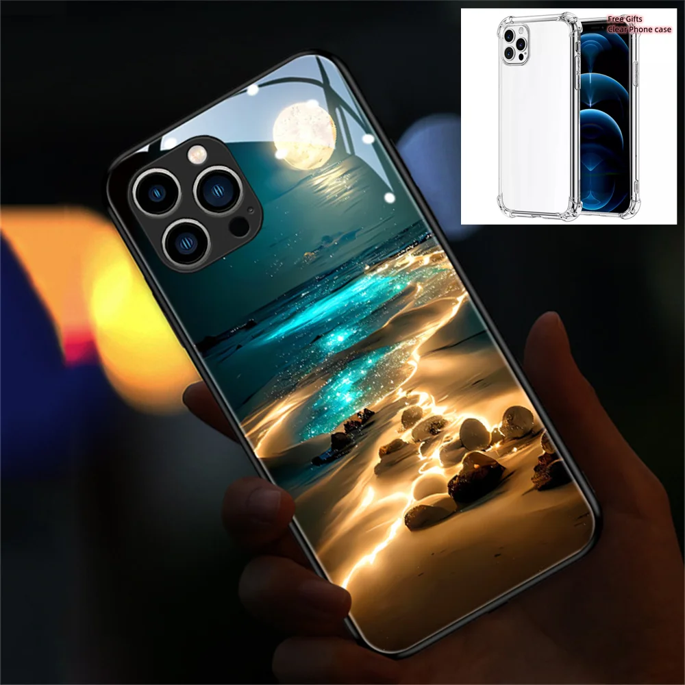 Free Gift Night Moon Beach Smart Voice Controlled LED Light Phone Case For iPhone 15 14 13 12 11 Pro Max XR XS 6 7 8 Plus SE2020