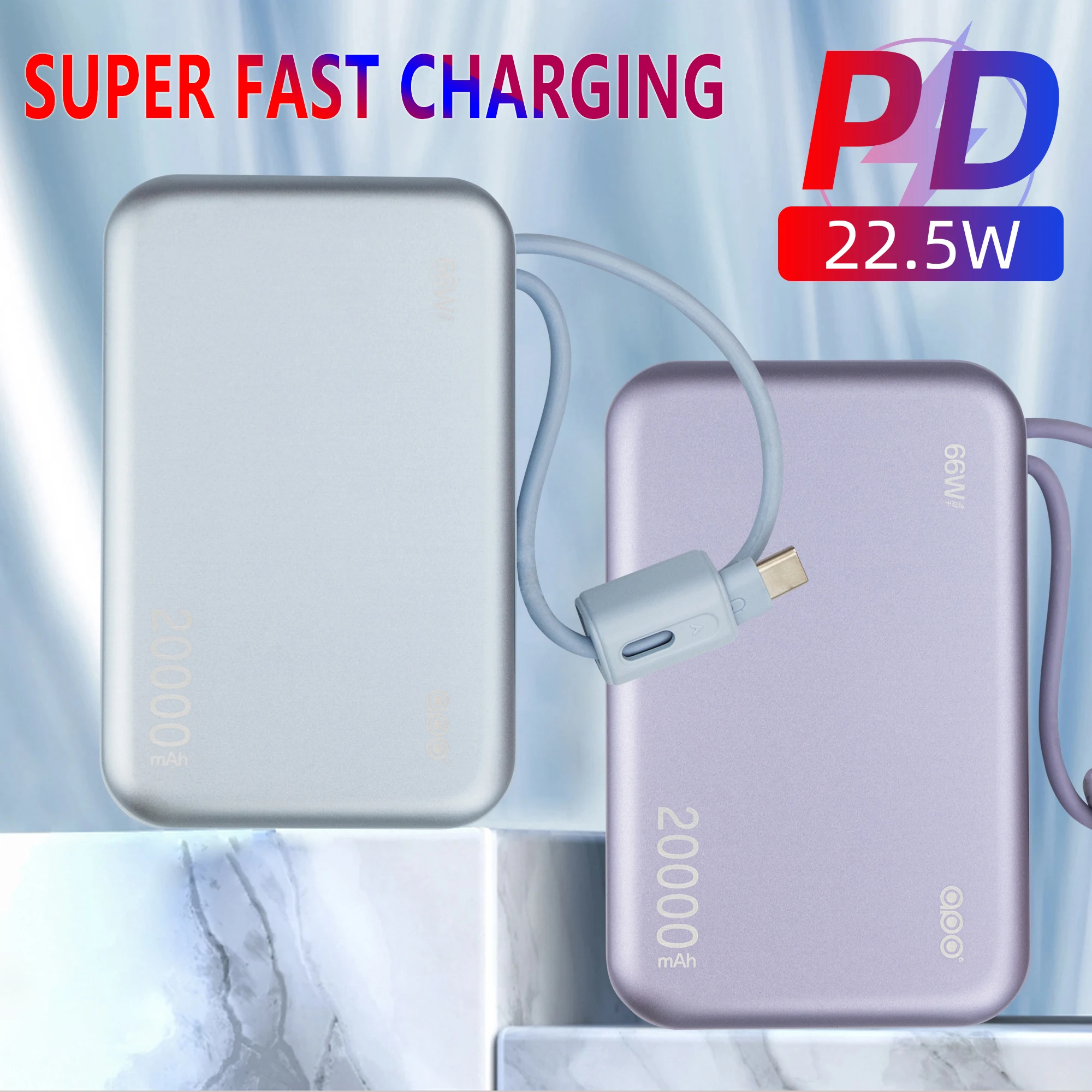 

Внешний аккумулятор 20000 мАч с быстрой зарядкой, 2 кабелями, цифровым дисплеем, перезаряжаемые батареи для iOS 13 14 15, Xiaomi, Huawei