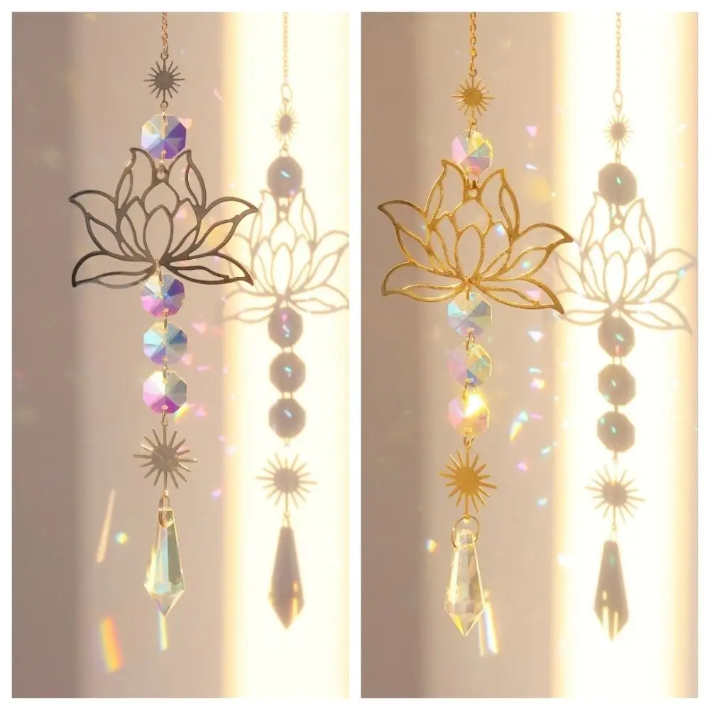 Trendy Golden Lotus Suncatcher Colorful Gift Gardening Crafts Hanging Ornament Home Garden Decor Water Drop Pendant