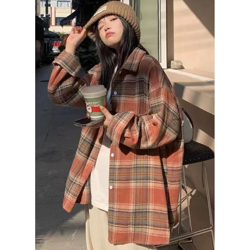 

Женская новая клетчатая рубашка с шерстяными волосами, куртка на весну и осень, женские рубашки большого размера 4XL, пальто в стиле ретро, женский кардиган для отдыха, блузка, топы