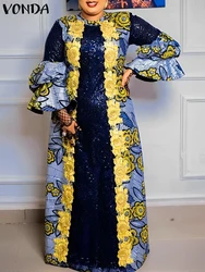 VONDA Bohemian Print Maxi Dresses 2024 Women Casual Flared Long Sleeve Vestidos Round Neck Loose Sundress Ruffles Pleated Robes