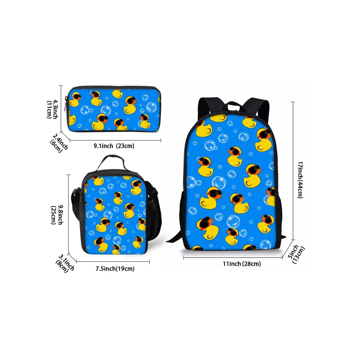 Yellow Duckling Print Three Piece Backpacks Set for Boy and Girls Best Gifts 2D Flat Cartoon School Bag for Children