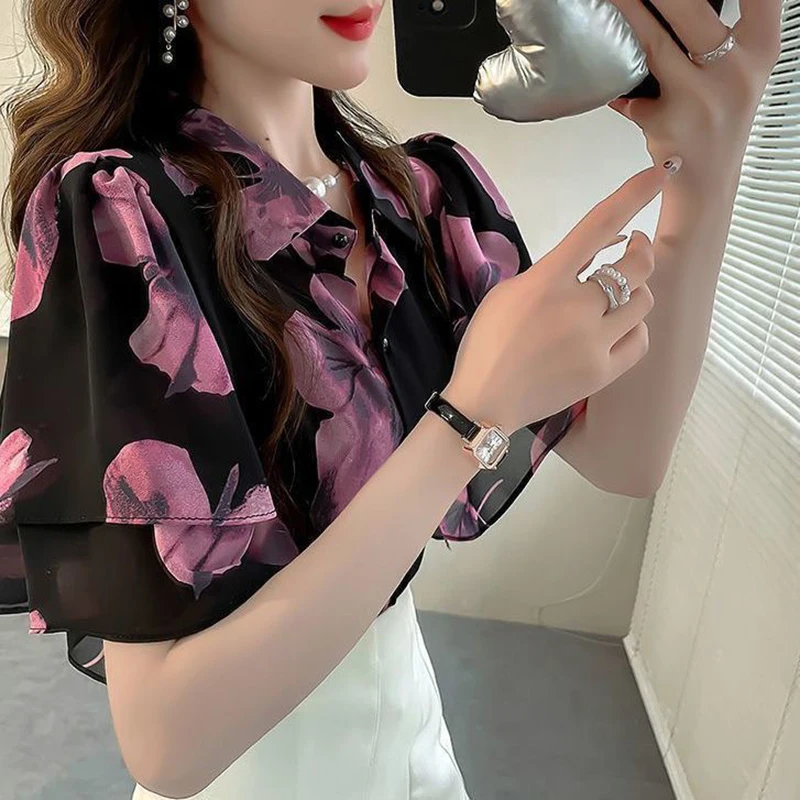 Vintage Printed Lapel Spliced Butterfly Sleeve Shirts Female Clothing Summer New Loose All-match Tops Office Lady Blouses