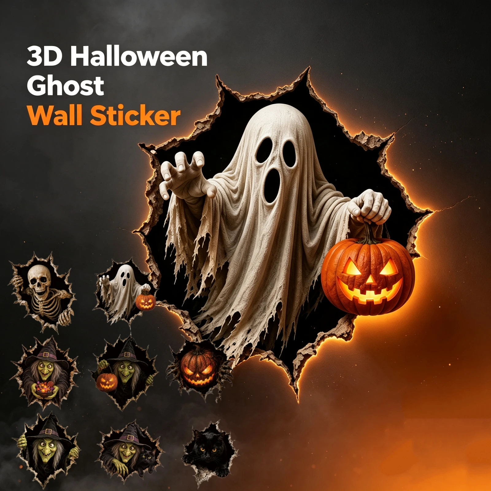 Halloween Wall Decal 3D Ghost Break Through Sticker Scary Pumpkin Spooky Party Decor Haunted House Door Window Decoration Vinyl