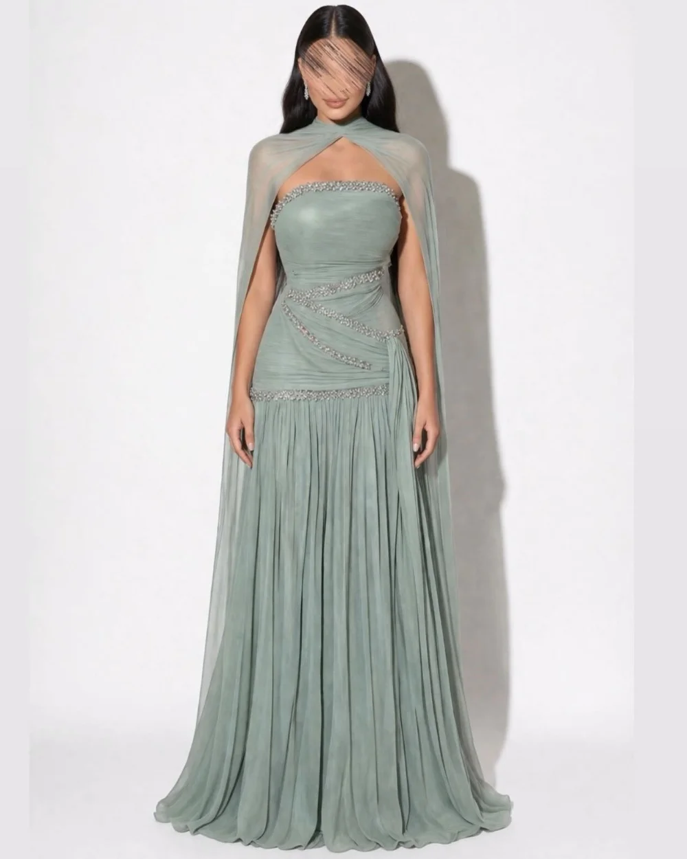

Customized Green Chiffon Pleat Luxury Beading Rhinestone A-line Strapless Shawl Long Dresses Evening Dresses For Wedding Party