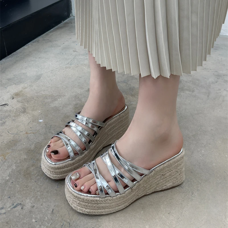 Square Toe Platform Rattan Grass Woven Wedges Women's Slippers Cross Straps Hollow Slip On Slides Shoes For Women Sandals Pumps