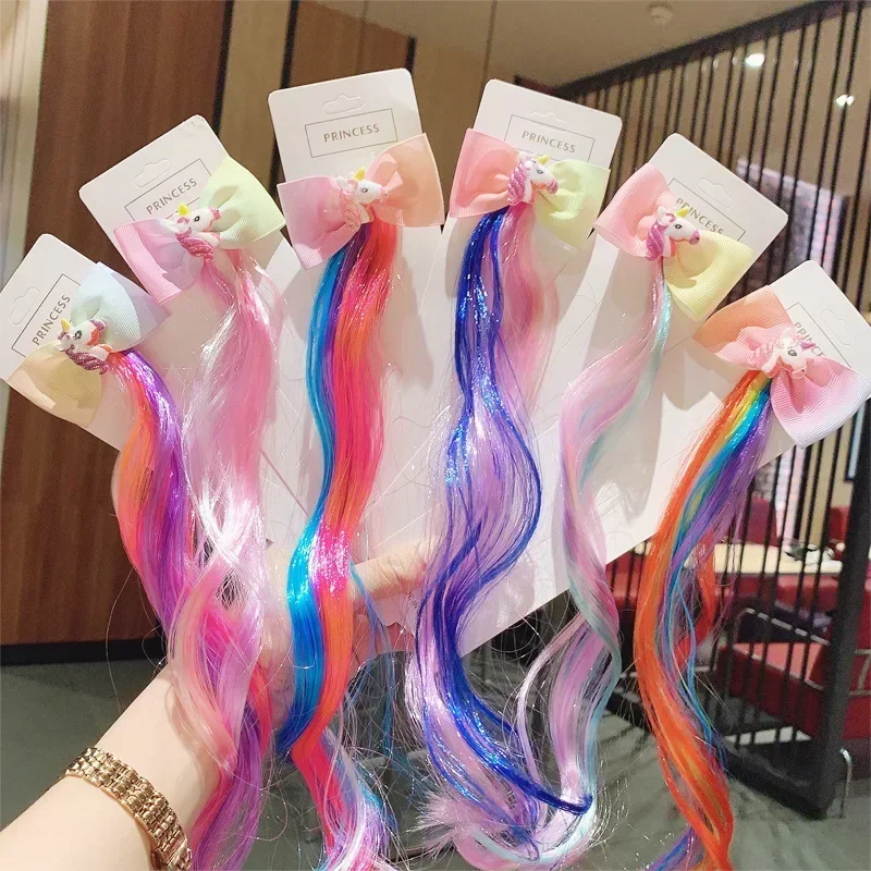 New Kids  Cute Cartoon Unicorn Bow Hair Clip Children Wig Colorful Headwear Girls Kids Hair Accessories Hot