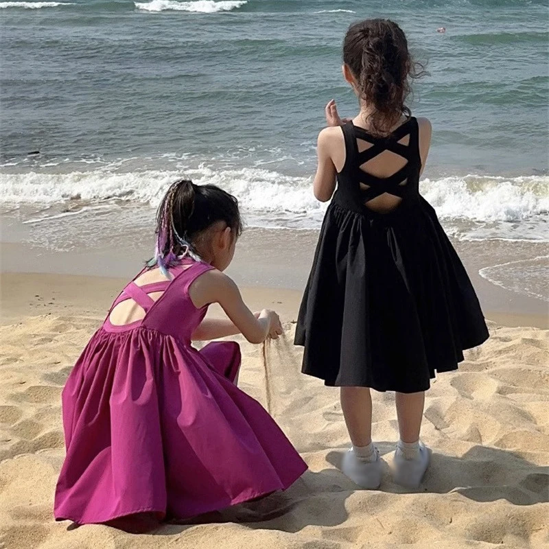 

Girls Sleeveless Backless Solid Dresses Summer Kids Clothes Holiday Leisure Beach Princess Dress Children Party Outfit