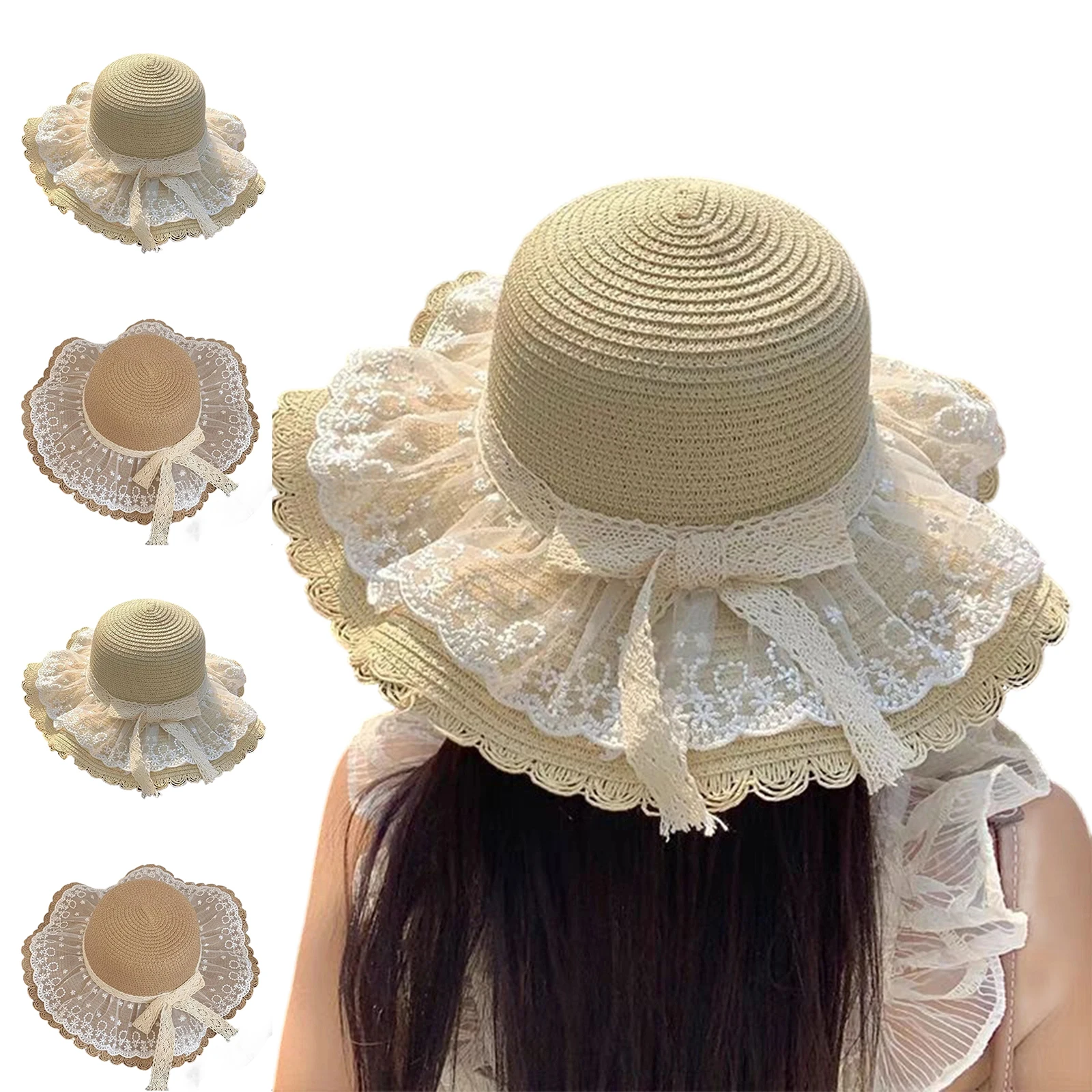 Women's Bow Lace Beach Hat Summer Essentials UV Shield Wide Brim Sun Hat Outdoor Daily Must Haves Elegant Ladies Headwear