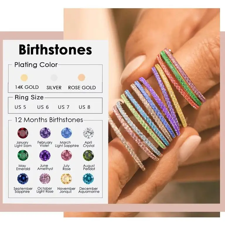 12 Month Birthstone Ring for Women Stackable Gold Silver Rose Gold Plated 12 Colors Jewelry Gift for Her