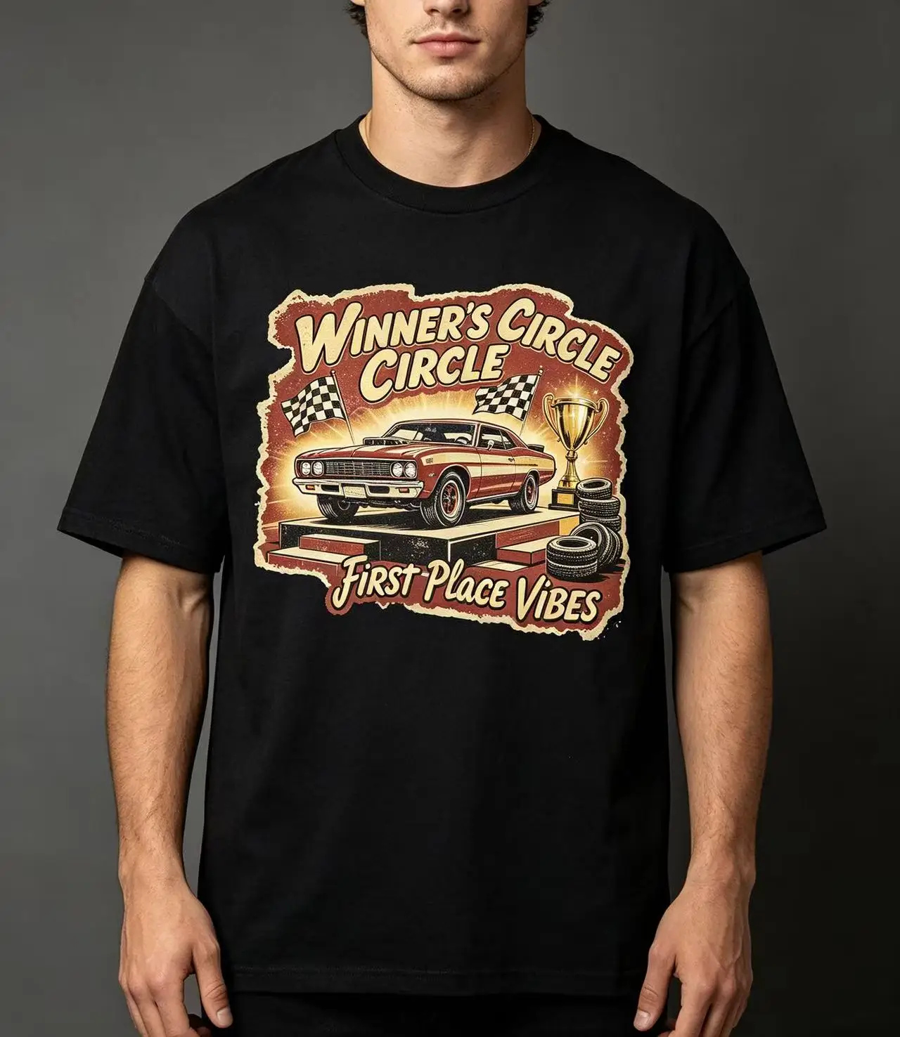 Unisex Winner's Circle First Place Vibes Retro Classic Race Car Trophy Checkered Flag Graphic T Shirt Men Women Motorsport Print Oversized Tee