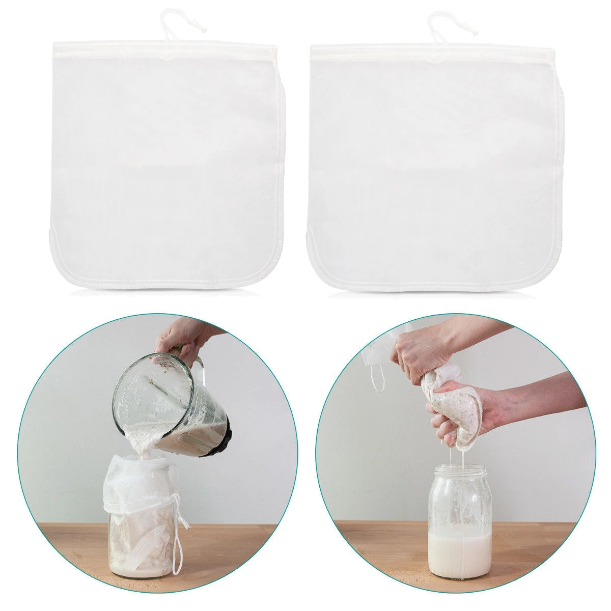 

2 pcs Nut Milk Bag Filter White Drawstring Fruit Juice Pouch Yogurt Strainer Reusable Food Strainer Kitchen Bar Soy Milk Filter