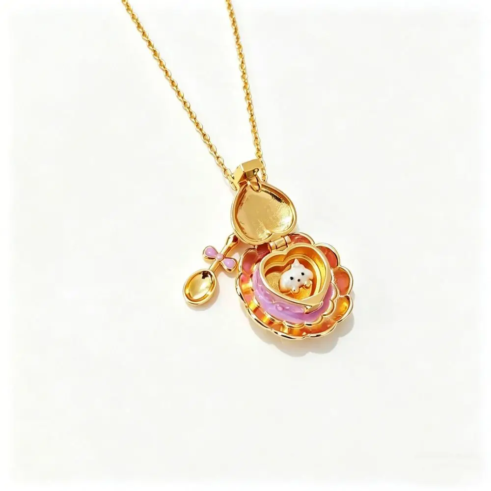Metal Chain Teaspoon Pendant Necklace 18K Gold Plated Copper Heart Enamel Necklace Opening and Closing Lid Cup
