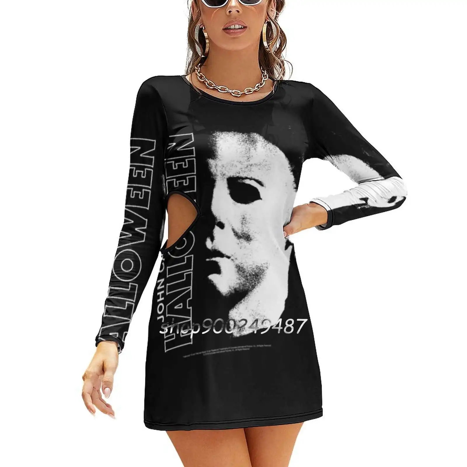 Halloween Michael Myers Large Face Women Casual High Waist Mini Dress Long Sleeve Dress Autumn New Fashion Dress Halloween