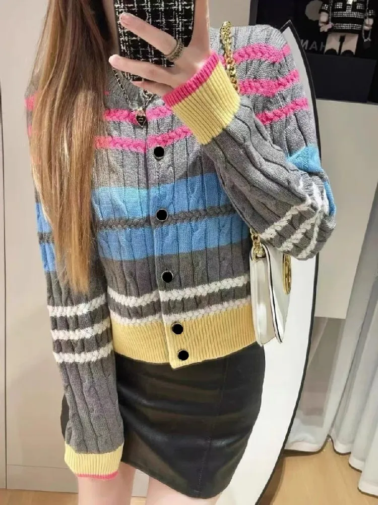 Multicolor Striped Sweater Cardigan Women Twisted Knit Stylish Fashion Vintage Ladies Knitwear Tops Long Sleeve Chic Jumper 2024