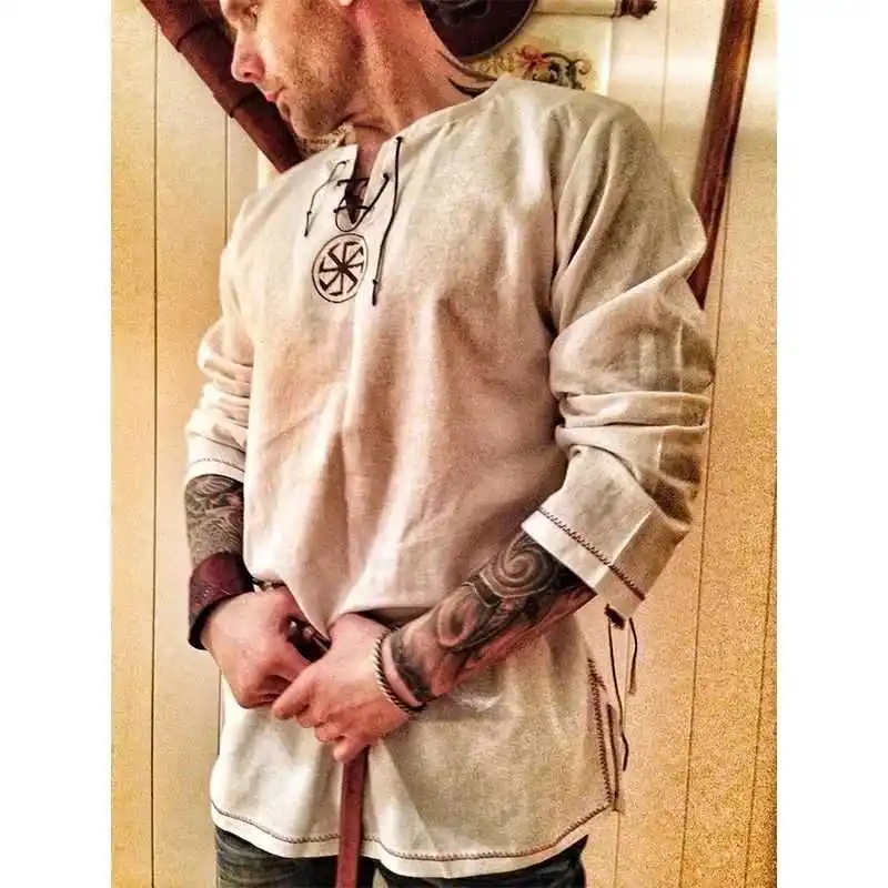 

Винтажная мужская льняная рубашка в стиле древних викингов, средневековый костюм для косплея, свободный крой, осенняя мода, молодежный тренд