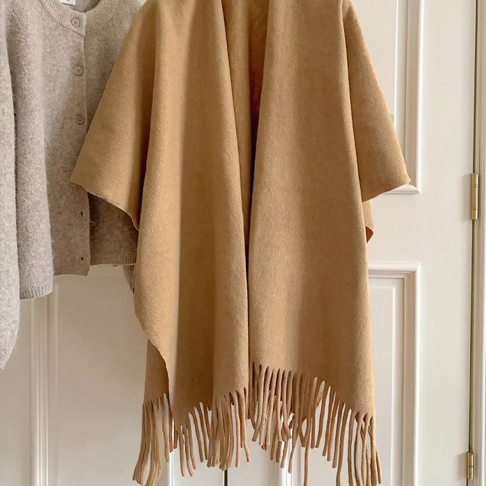 Winter Fashion Women Thickened Woolen Shawl Cape Fringe Poncho Split Cloak Outdoor Travel Photography Cozy Warm Outerwear