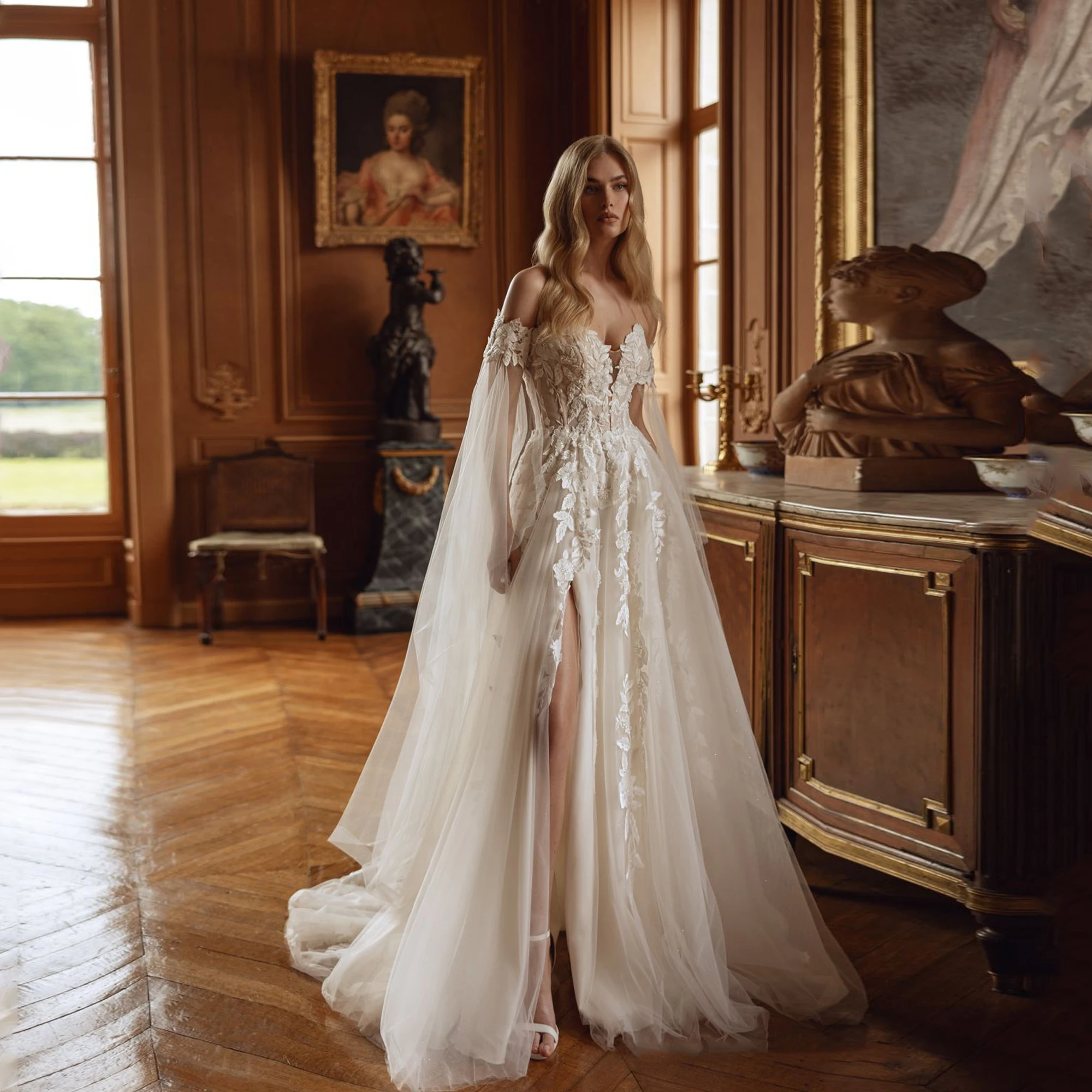 

Sweetheart Wedding Dress For Bride Side Split Applique Sparkling Elegant Bridal Gowns A-Line Tulle vestido de noiva Customized