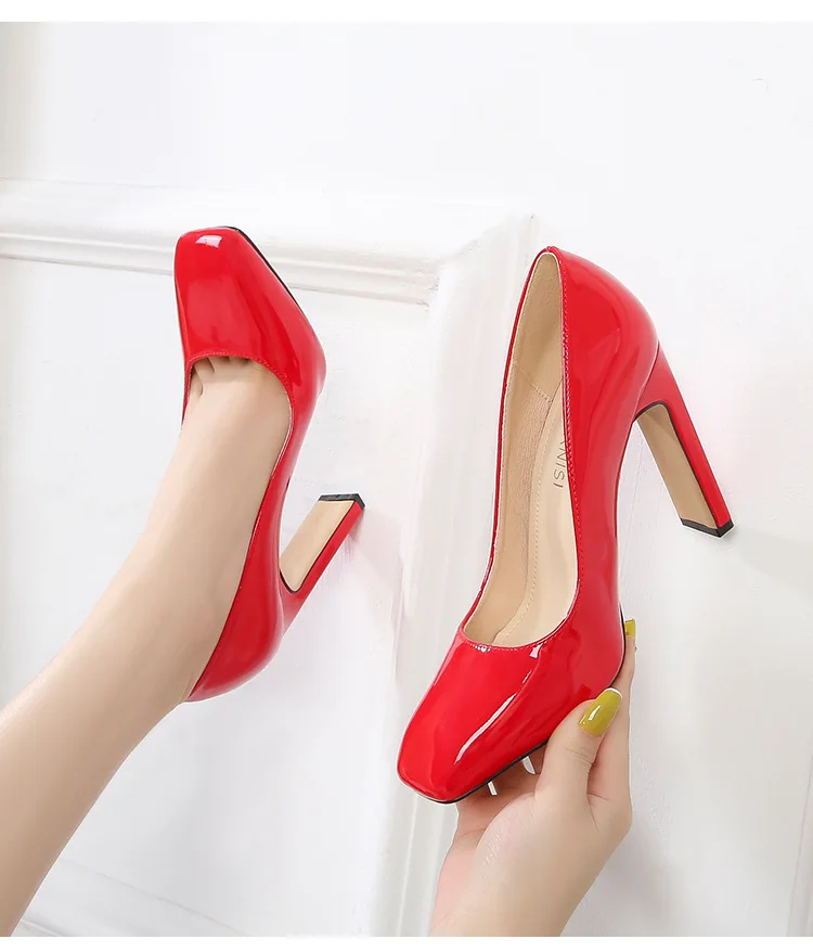 

New Women Pumps Patent Leather 10CM Square Heel Square Toe Slip-On Classics Sweet Novelty Solid Shoes For Women Black Red 35 46
