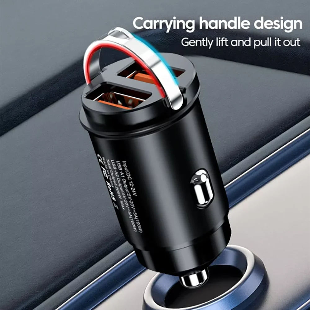 Car 200W Dual Port Mini USB Charger Ultra Fast Charging Cigarette Lighter Socket 12-24V Aluminum Cell Phone Charging Adapter