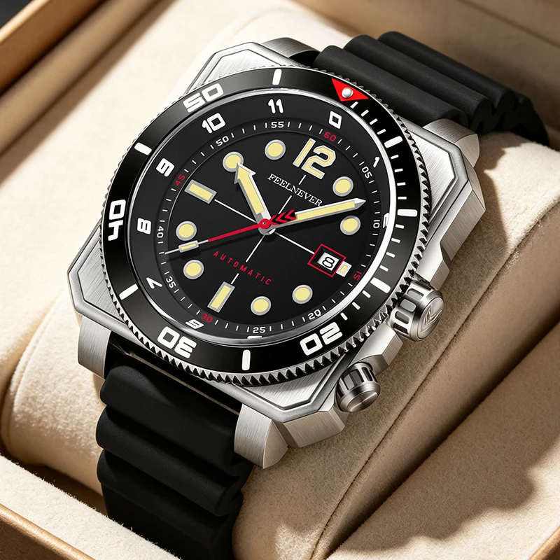 FEELNEVER Automatic Watch For Men Fashion Black Silicone Sapphire Diver Watch Men Square Luminous Men's Mechanical Wristwatches view 6