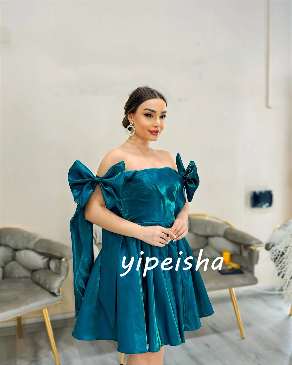 Customized Evening Satin Bow Draped Pleat Party A-line Off-the-shoulder Bespoke Occasion Gown Knee Length Dresses