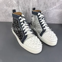Rivet Patchwork Casual Shoes Sneaker Round Toe Lace-Up Men Shoes Genuine Leather New Style Comfort Autumn High Top Flat Shoes