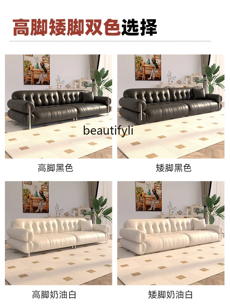 S132 First Layer Cowhide Cloud Sofa Mid-Ancient Style Cream Style Straight Row Three-Seat Small Apartment Living Room Leather So