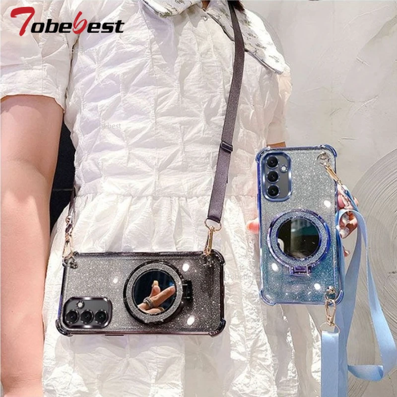 For Samsung Galaxy A16 A26 A36 A56 A06 A15 A25 A35 A55 A14 A24 A34 A54 4G 5G Case Crossbody Lanyard Plating Mirror Holder Cover - náhled 2