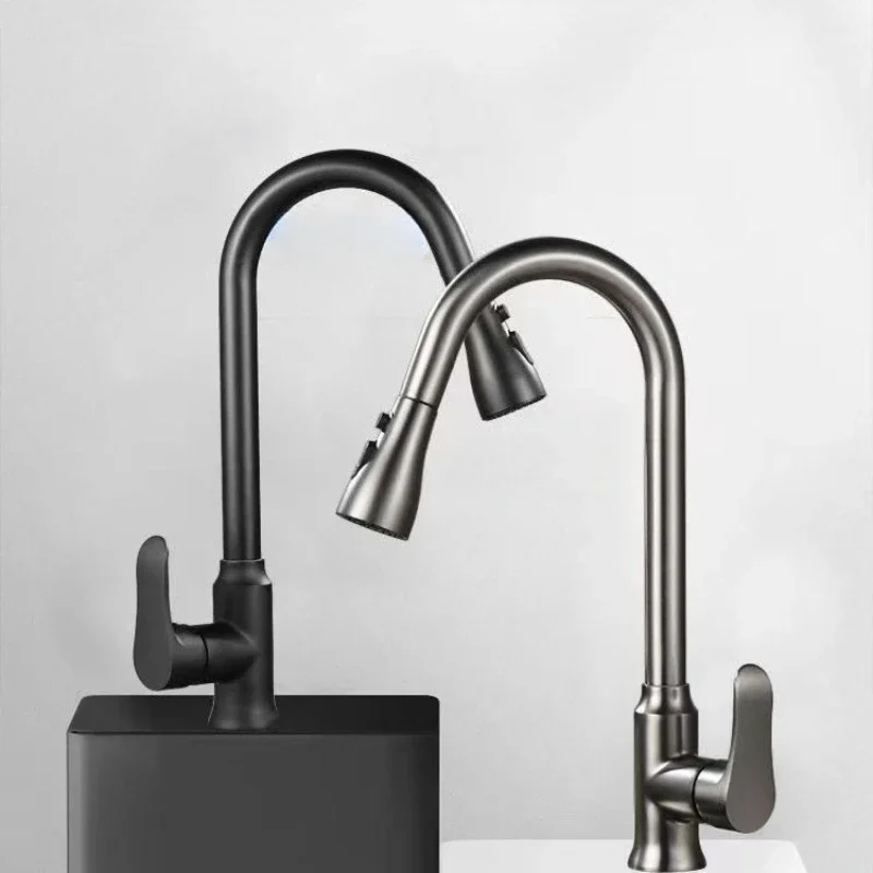 Black pagoda paint washing basin pulling faucet, kitchen sink retractable washing dishes two-speed hot and cold faucet household