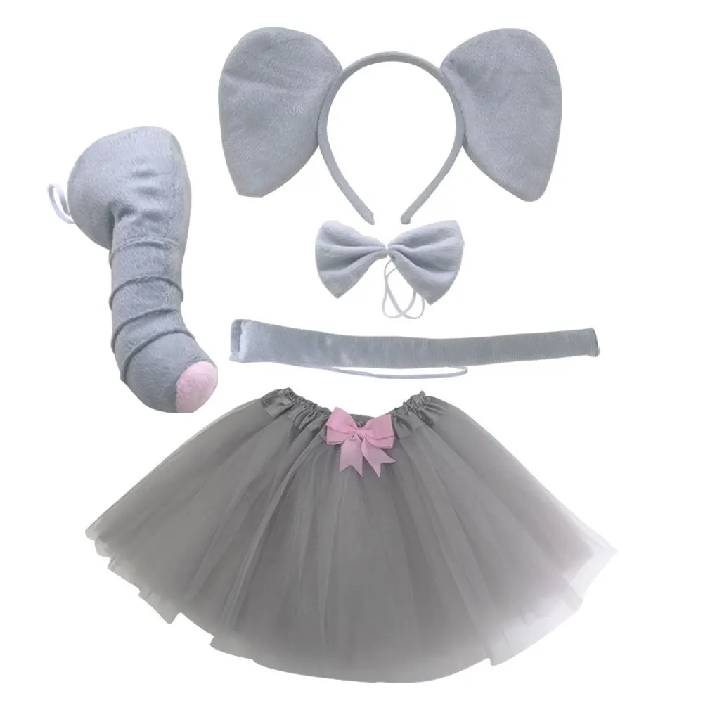 3D animale elefante orecchie fascia naso papillon coda Tutu gonna Set puntelli compleanno Costume di Halloween Cosplay