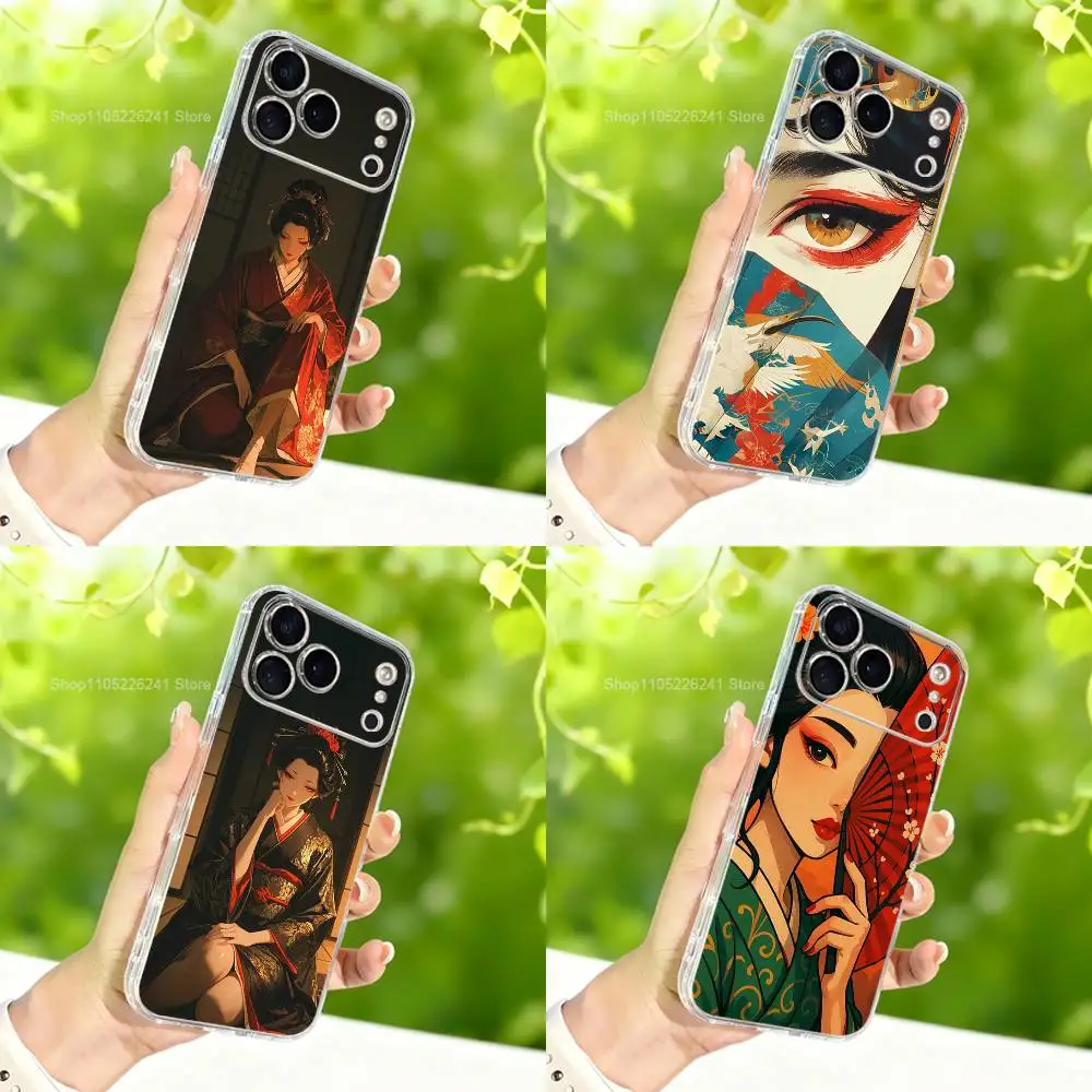 Etui na iPhone'a 16, 13, 12, 11, 17, 14, 15, Pro, Max, Plus, X, XS, XR, SE, Mini z przezroczystego, miękkiego silikonu z motywem gejszy, japońskiej sztuki.