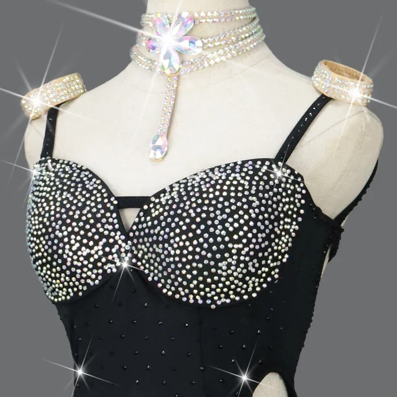 Robe de Concours de brevLatine pour Femme, Costume Sexy, Franges Noires, Strass, Été