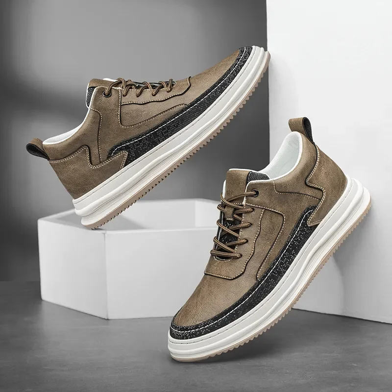 Genuine Leather High Quality Mens Sneakers Fashion Lace-Up Male Elevator +6cm Casual Shoes New All-match Skate Footwear