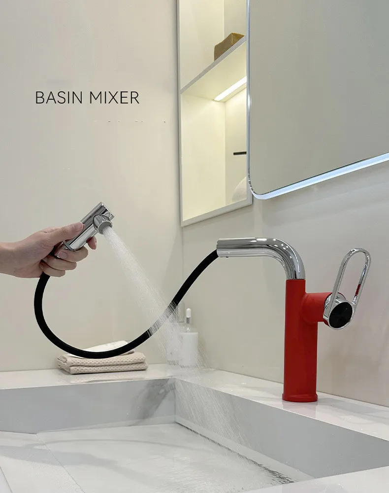 New Chrome Red Pull Out Basin Faucet Hot and Cold Bathroom Single Lever Brass Sink Mixer Decked Rotation Sink Mixer
