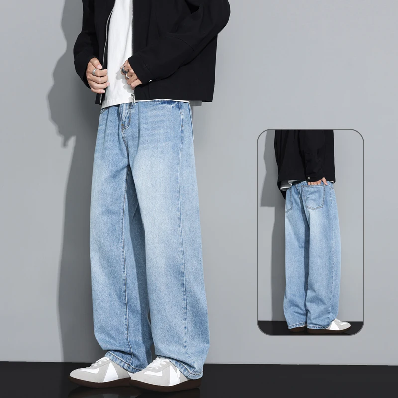 الرجال جينز غير رسمي الخريف جديد الكورية فضفاض بلون بنطلون مستقيم Vintage شخصية الذكور واسعة الساقين الدنيم السراويل