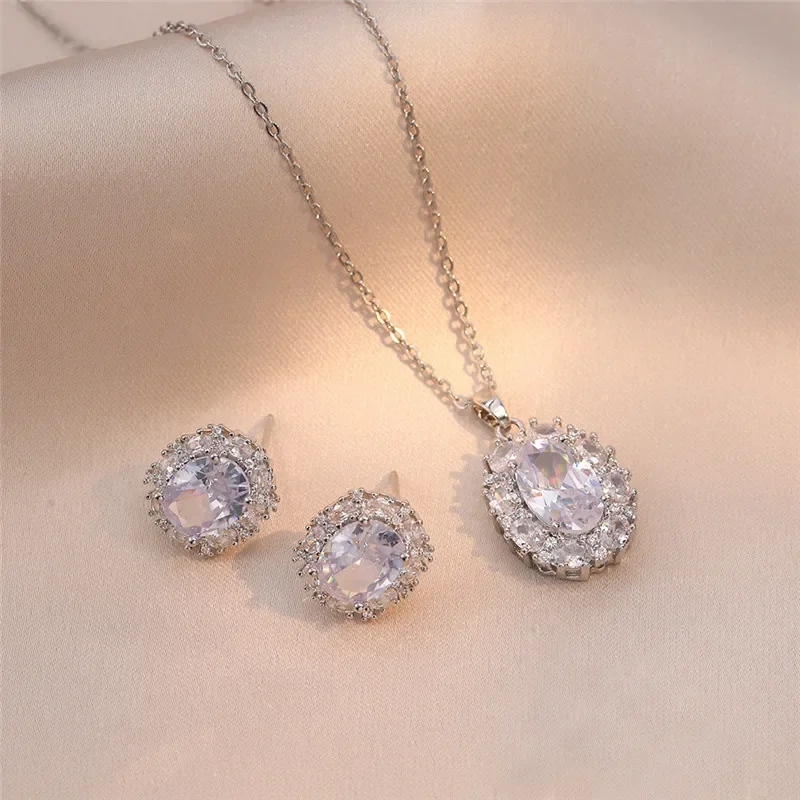 Light Luxury Zircon Ellipse Jewelry Sets Stainless Steel High Grade Geometric Pendant Necklace Earrings Gifts For Women Girls