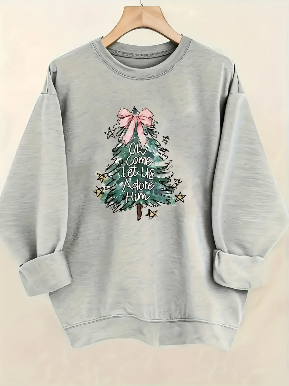 Felpa con cappuccio stampata con motivo albero di Natale alla moda casual da donna, comodo pullover stile street, abbigliamento regalo per le vacanze