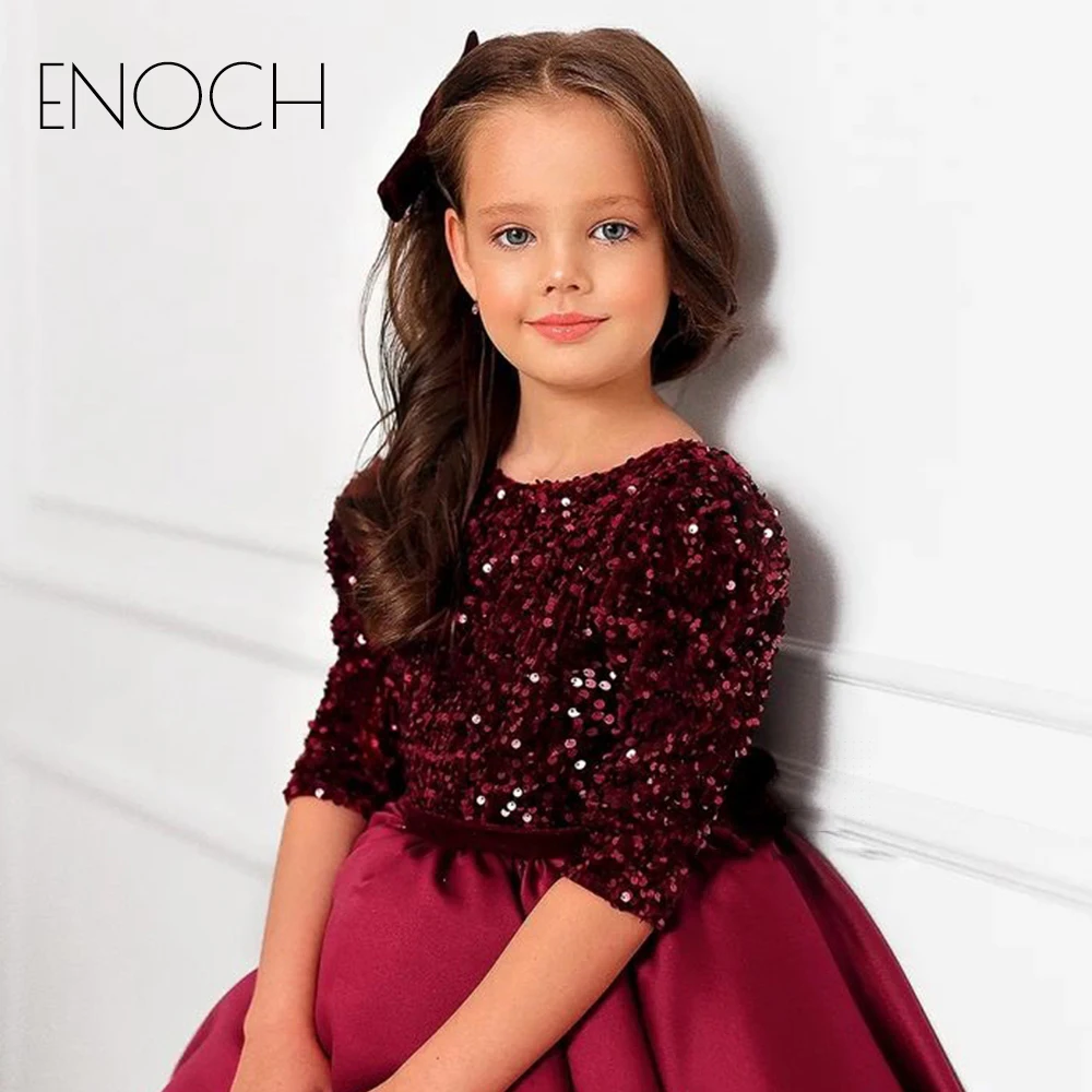 Enoch-vestidos de media manga con lazo para niña, ropa Formal de satén con lentejuelas, color negro, para fiesta de boda y verano