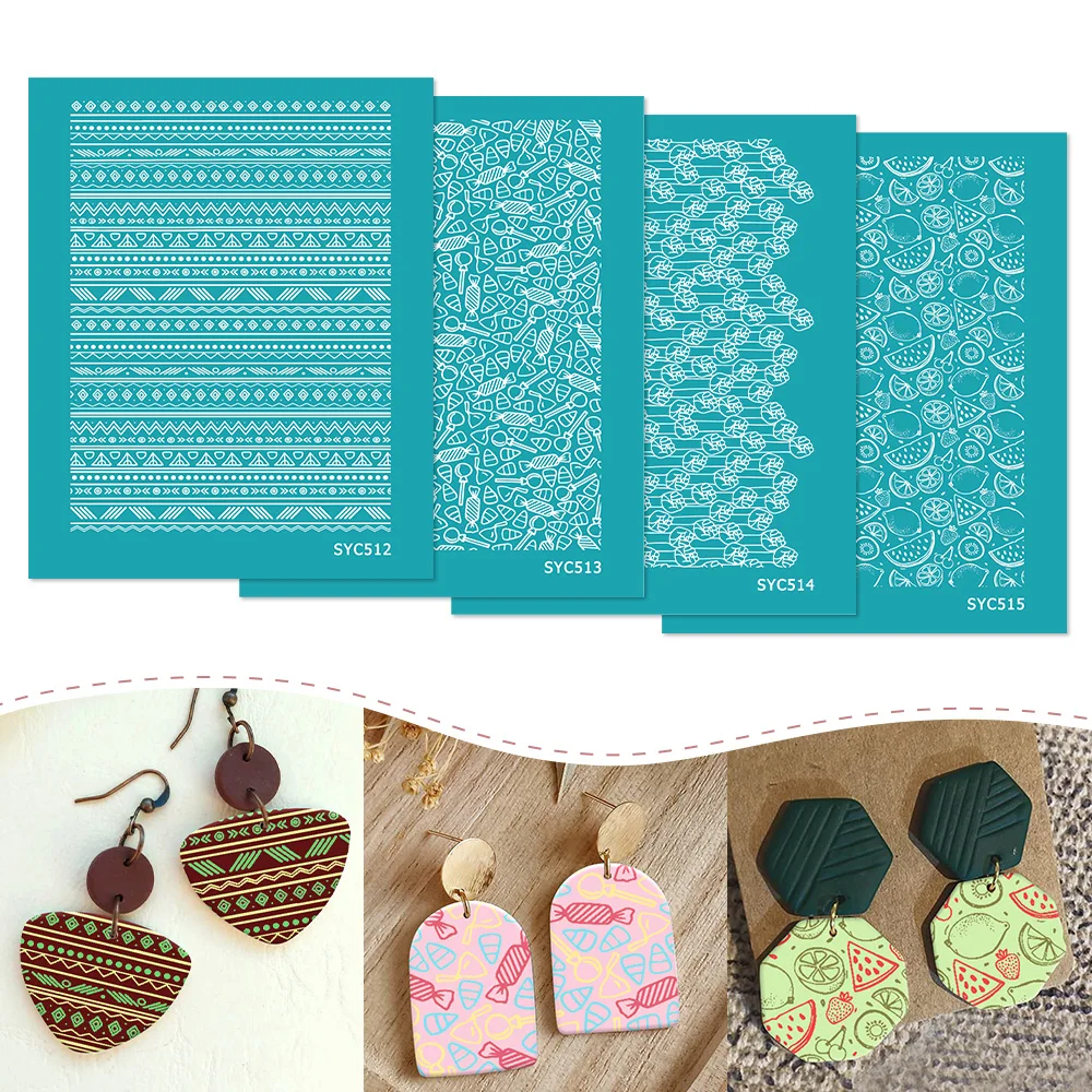 Flower Vine Fruits Dessert Elements Silk Screen Stencil for Polymer Clay Reusable Silkscreen Mesh Transfer Jewelry Earrings