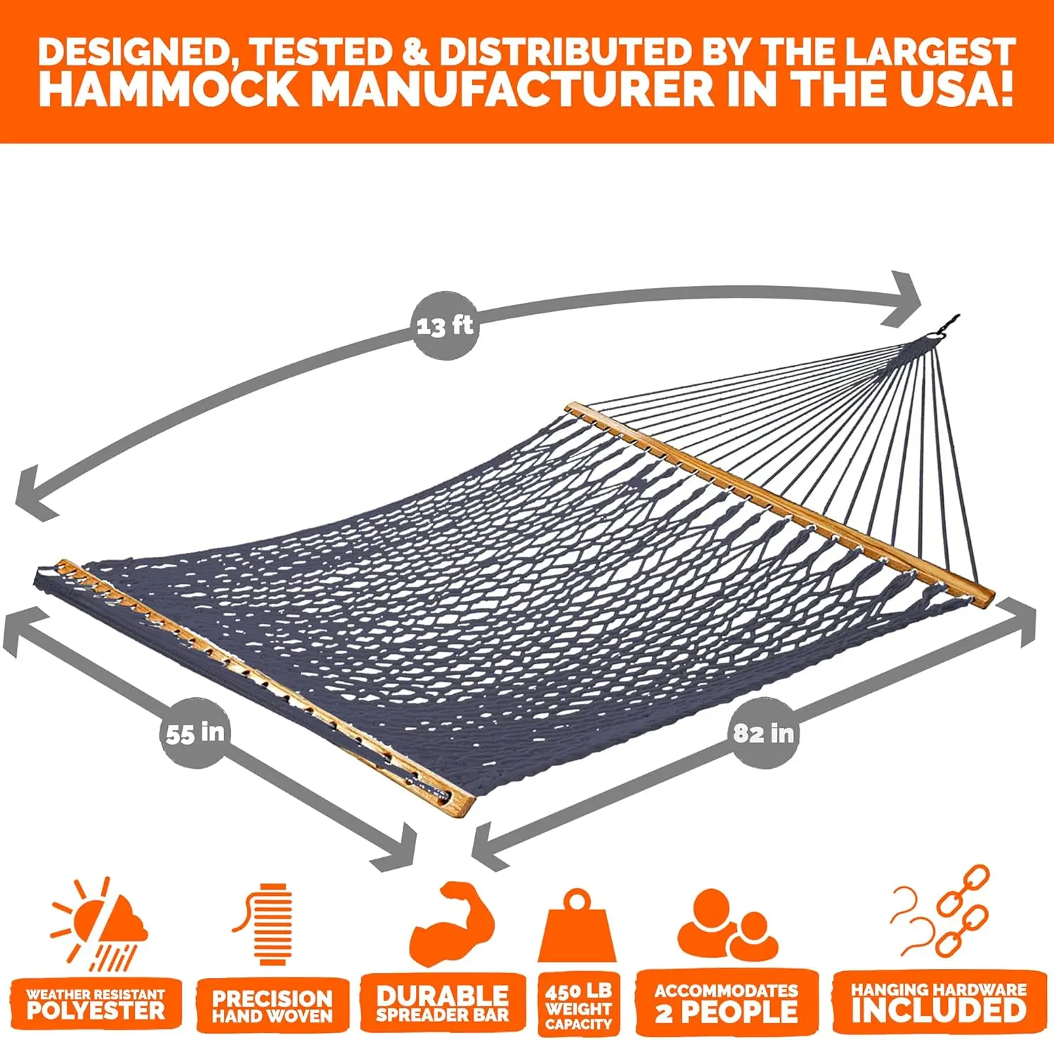 13 ft. Double Traditional Hand Woven Navy Polyester Rope Hammock with Free Extension Chains,Tree Hooks & Storage Bag